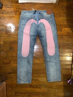 EVISU Lot 2000 Pink Daicock Jeans Mens 38x32 Altered Waist Baggy Denim